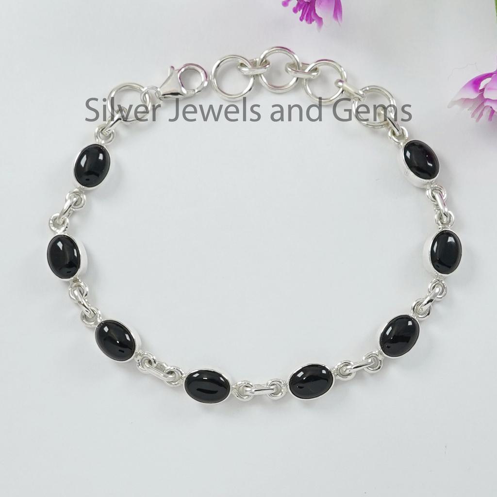 Natural Black Onyx Bracelet, Oval Onyx Bracelet, Handmade Bracelet for Women, 925 Sterling Silver Bracelet, Wedding Bracelet