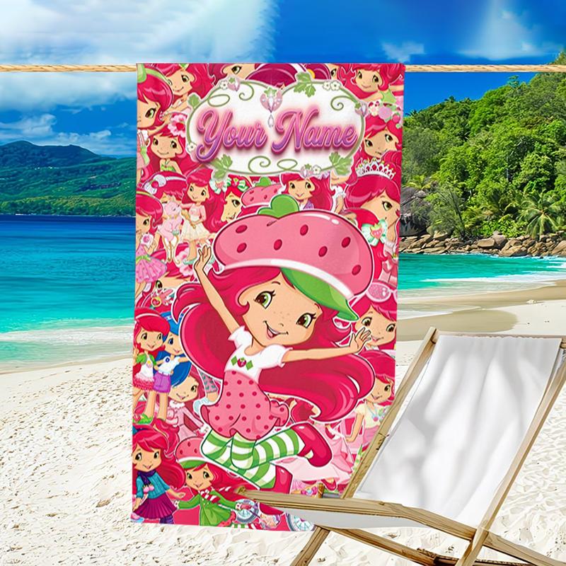 1pc Princess Strawberry Beach Towel with Custom Name, Beach and Seaside Swimming Pool Equipment, Fashion Pattern, Rectangular, Travel Essential