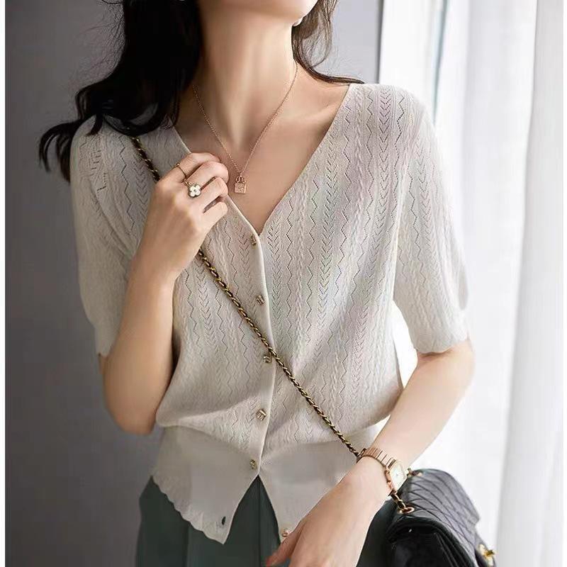 Женский комплект кардигана и юбки из ледяного шелка - Летний комплект с коротким рукавом свободного кроя