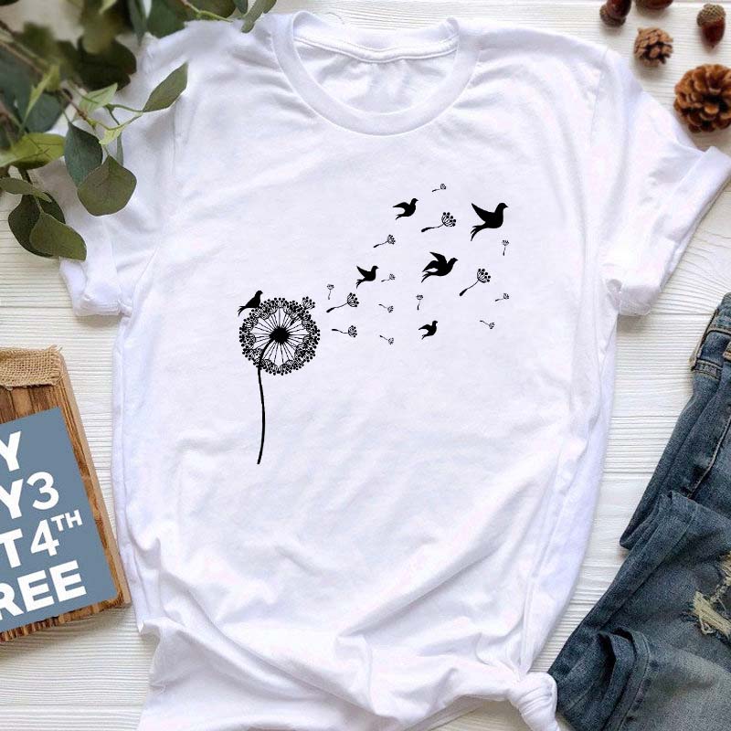 Летняя женская футболка с принтом одуванчика, свободные женские рубашки больших размеров, повседневная футболка с коротким рукавом, топ, черные модные футболки с круглым вырезом