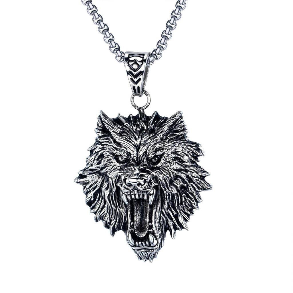 2023 Retro Punk Rock Wolf Head Pendant Necklace for Men - Titanium Steel and Alloy