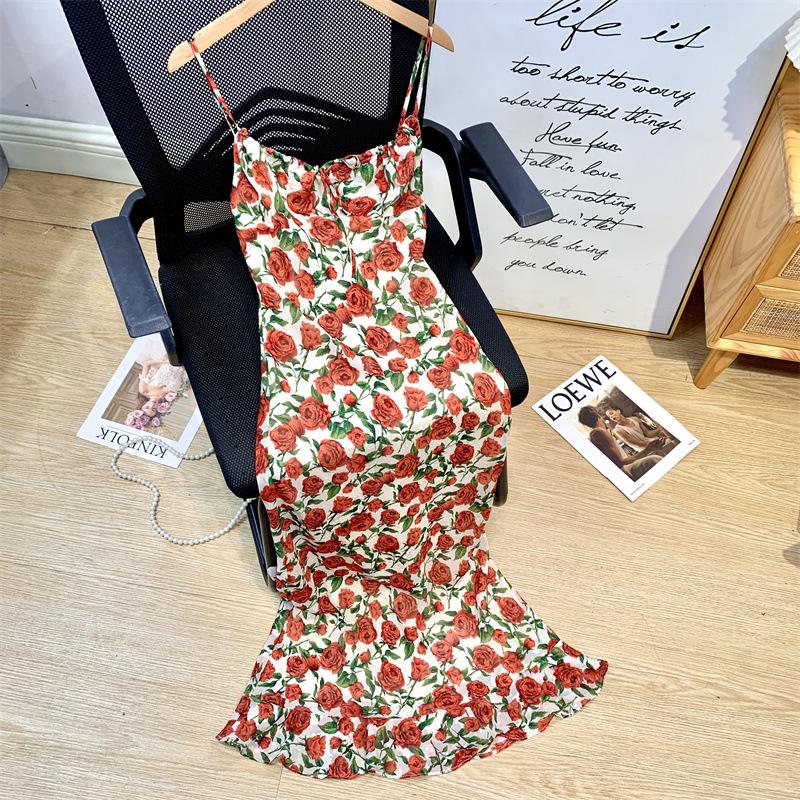 Платье с цветочным принтом и подтяжками, женское летнее сексуальное платье-рыбий хвост, облегающее платье для французского отпуска