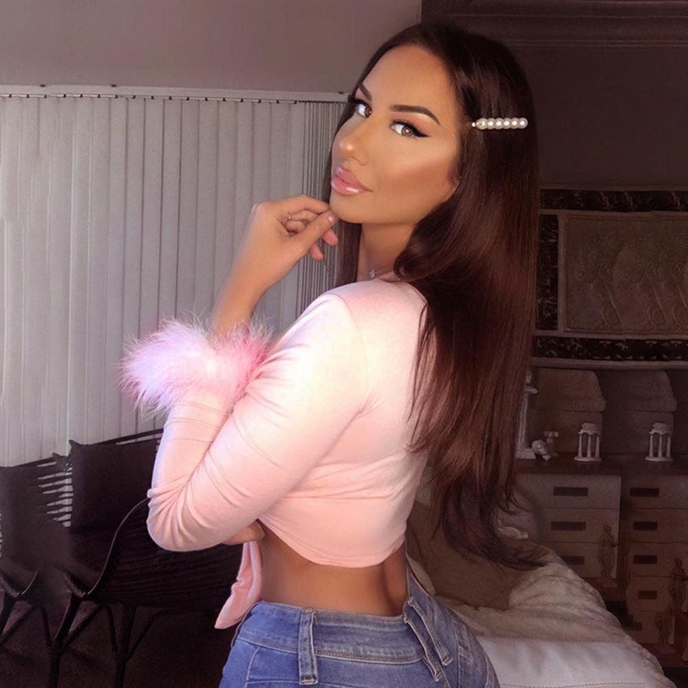 Long Sleeve Fur V-neck Wrapped Bandage Sexy Crop Tops Autumn Winter Women Streetwear Club Party Outfits T-shirts