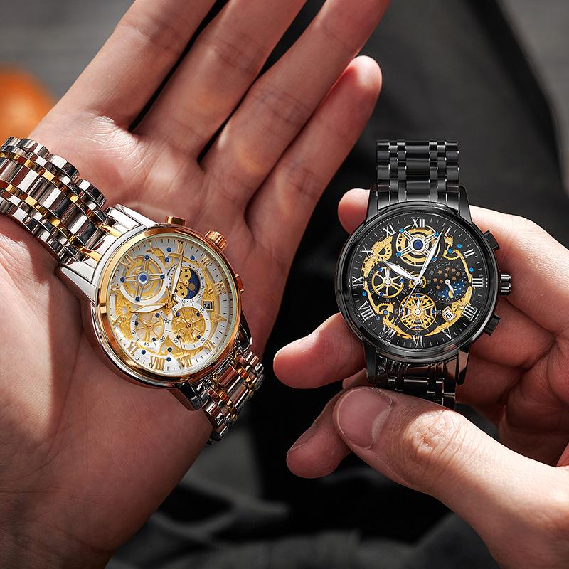 LIGE Men's Quartz Watch, Multifunctional Waterproof Wristwatch, Skeleton Concept Design, Casual Business Watch, Black
