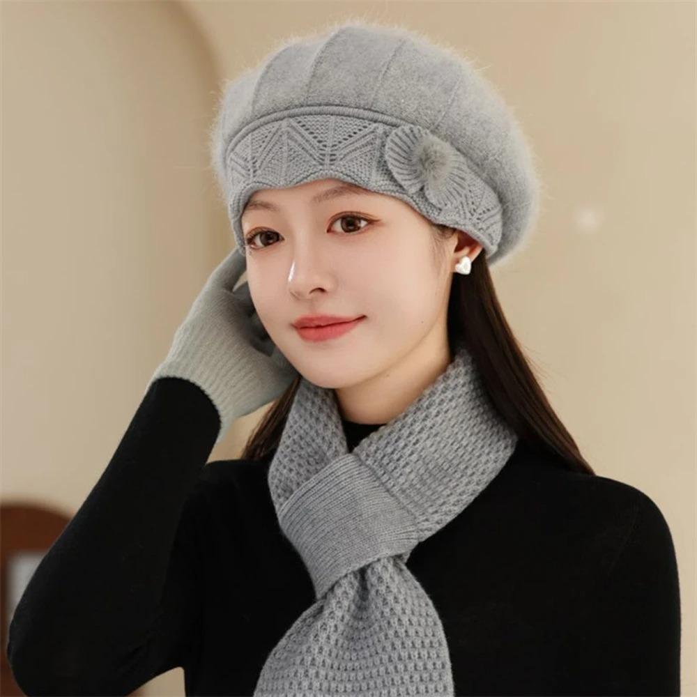 Casual Thicken Mom Hat Scarf Windproof Rabbit Fur Knitted Hats Coldproof Winter Hat Scarf Women