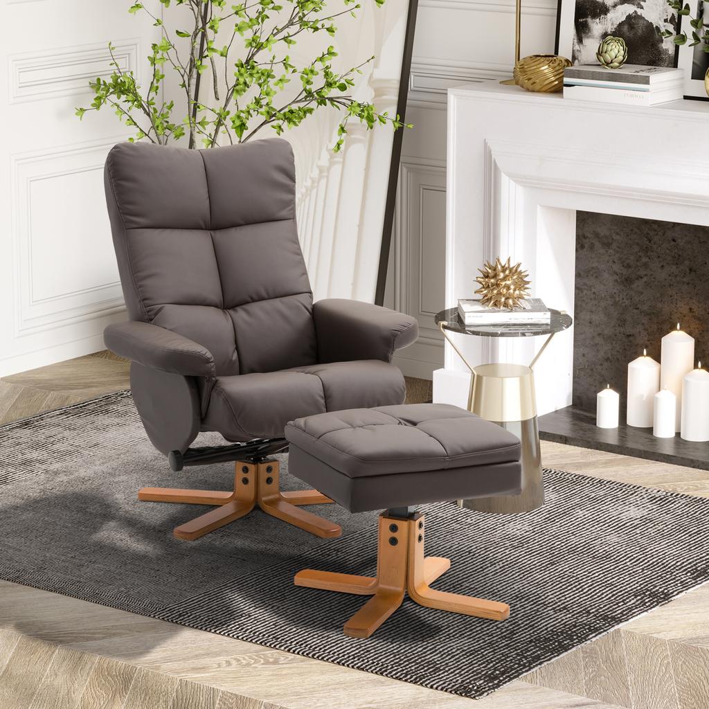 Recliner with Footstool, 360 degrees Swivel TV Chair with Reclining Function Reading Chair for Bedroom, Living Room, Faux Leather, Brown