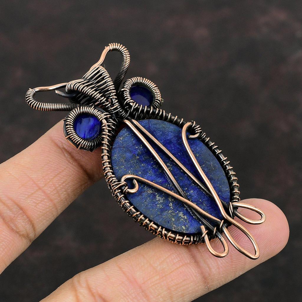 Подвеска из лазурита и меди, обмотанная проволокой, подвеска синего цвета от сглаза, подвеска из драгоценного камня и меди, подвеска в виде совы, украшения ручной работы, обмотанные проволокой