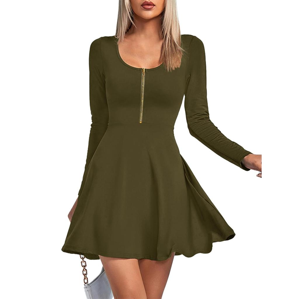 Womens Fashionable Solid Color Long Sleeved V Neck Long Sleeved Dress