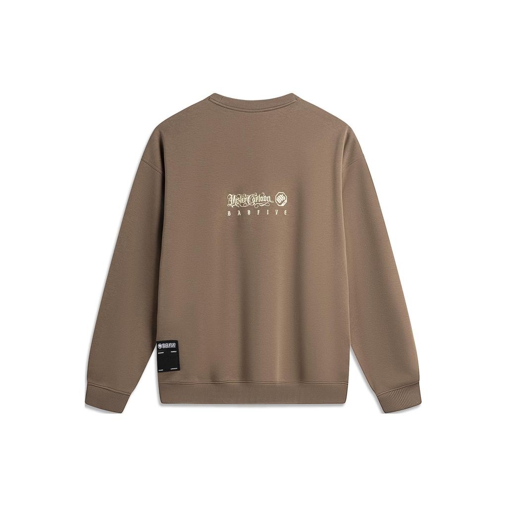 Li Ning X Mister Cartoon Collaboration Badfive Letter Print Loose Fleece Pullover Sweatshirt Men sweatshirt Brown AWDTF29-5