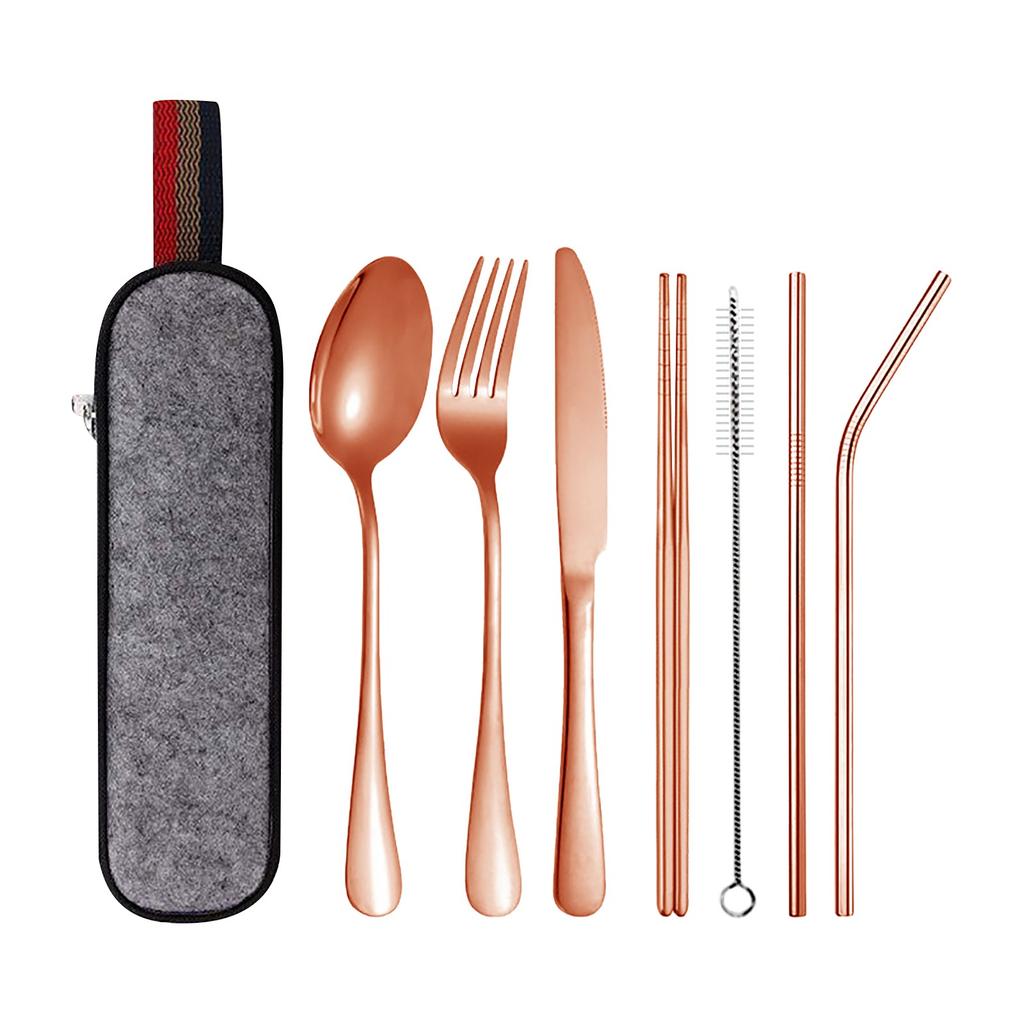 Stainless Steel Tableware Set Straw Knife Fork Spoon Chopsticks Seven-piece Set Outdoor Camping Travel Portable Tableware