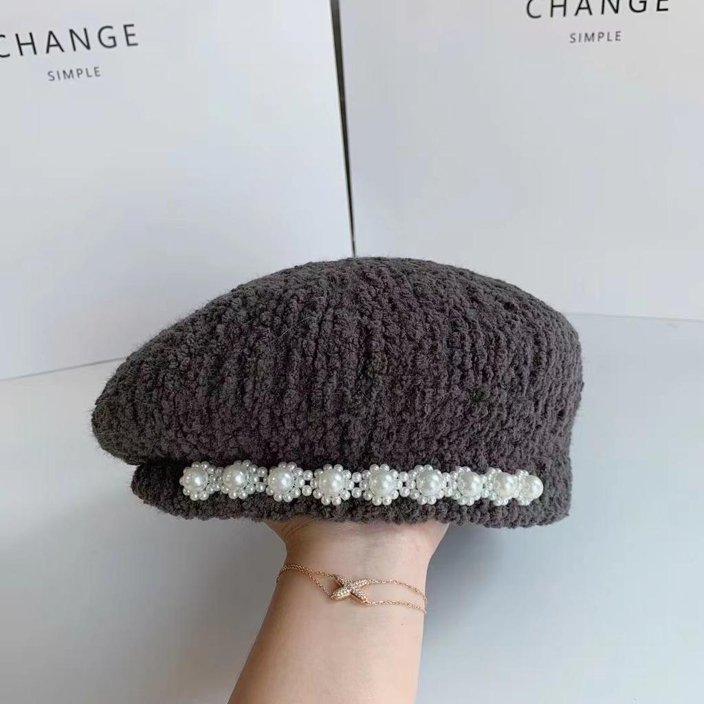 Lamb Wool Winter Top Hat Sweet Pearl Wool Beret Temperament Casual Face Little Painter Hat