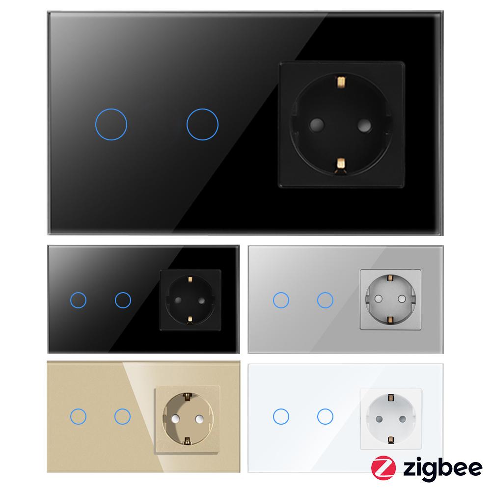 WiFi Smart Life 1/2/3/4 Клавишный Светодиодный Двухполюсный Настенный Выключатель и Розетки Германии Сенсорная Панель Водонепроницаемый Прочный EU Стиль Стеклянная Панель