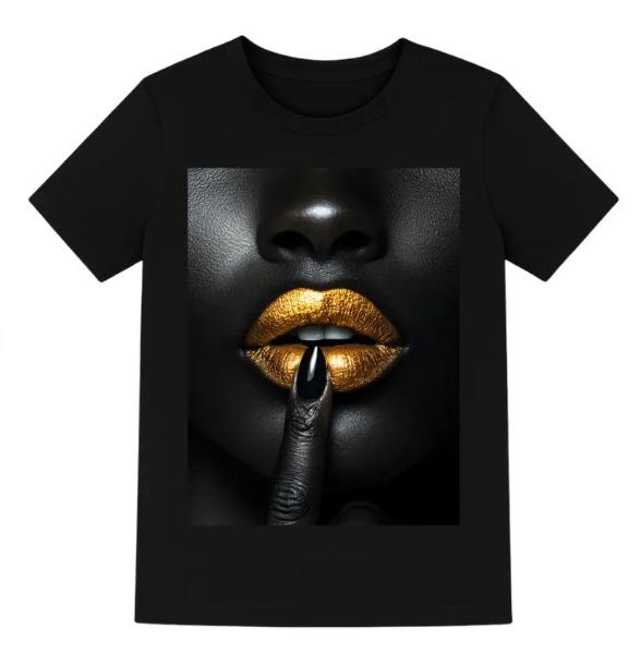 African with Gold Lips TShirt Black Pride Afro Tee Flirty Seductive T Shirt Lipstick Shirt Fashion Wear Trendy Tee