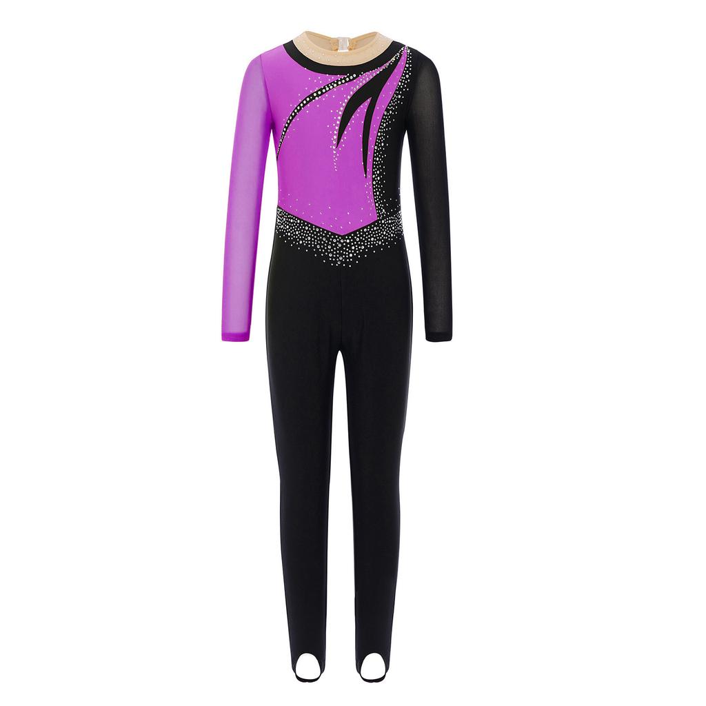 Girls Mesh Long Sleeves Keyhole Back Shiny Rhinestones Color Block Dance Jumpsuit Gymnastics Performance Costume