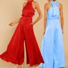 Женские однотонные комбинезоны с круглым вырезом и высокой талией, прямые комбинезоны, летние модные широкие плиссированные брюки, комбинезоны