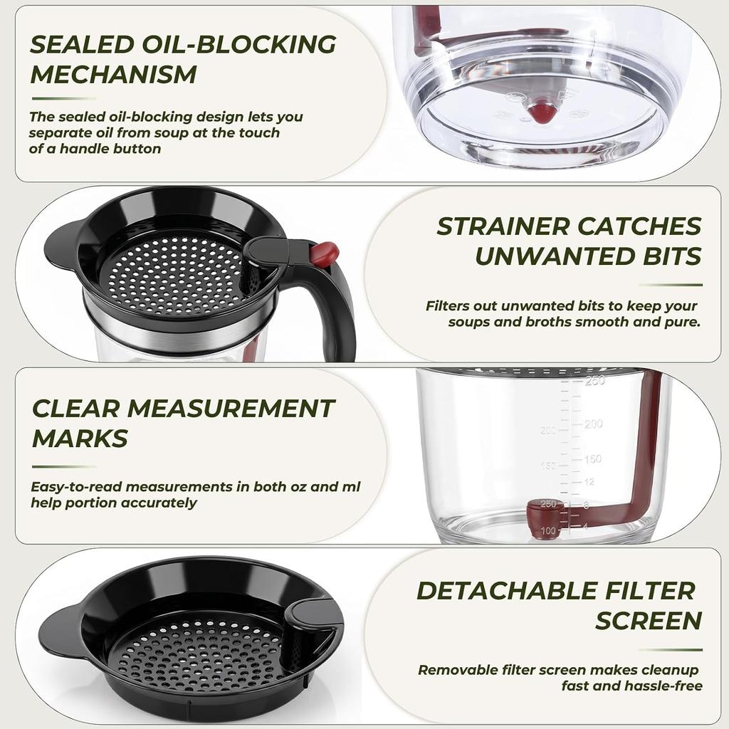 Bottom Release Gravy Heat-Resistant Fat Separator with Fine Mesh Strainer for Cooking Oil Broth Soup and Pan Drippings