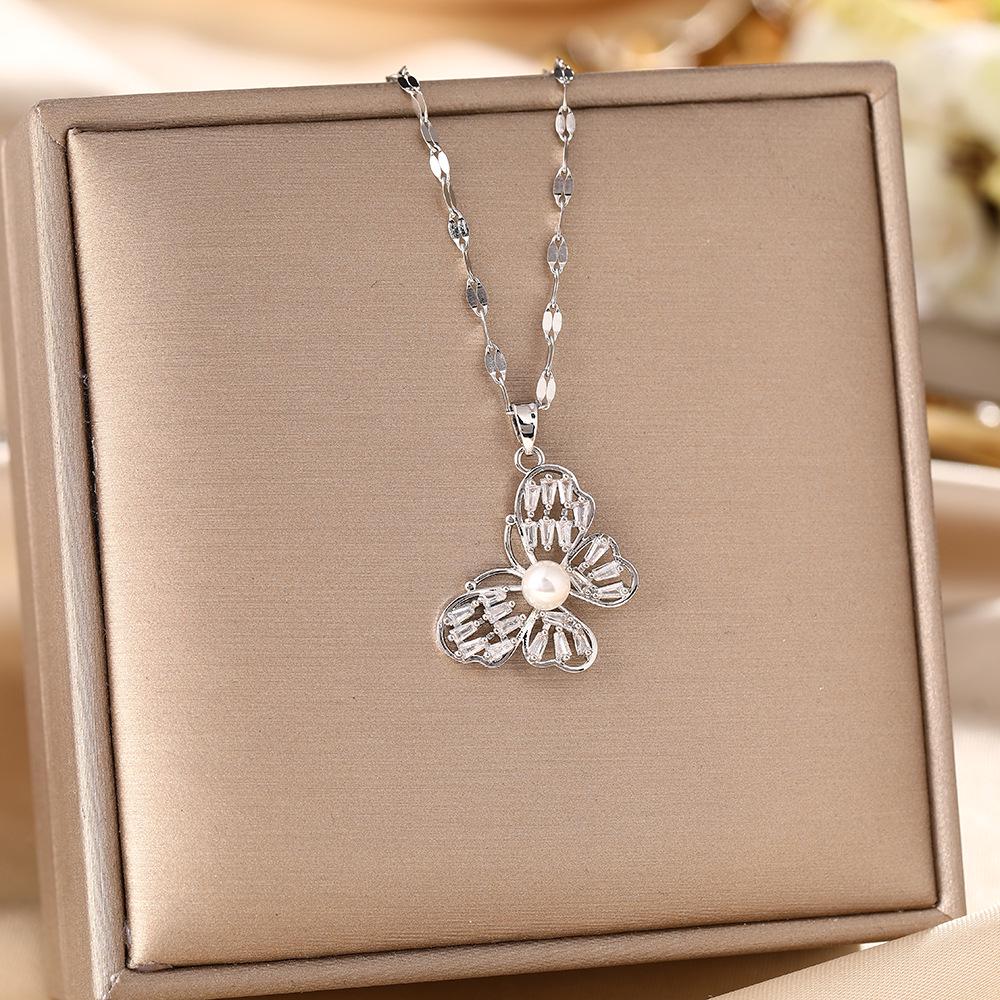 Korean Butterfly Tassel Luxury Diamond Titanium Steel Necklace - Women's Versatile Clavicle Jewelry