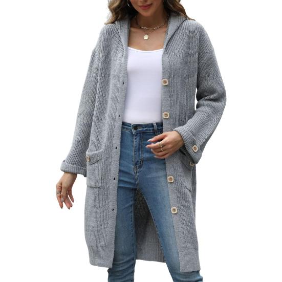 Women Knitted Cardigan Hooded Long Sleeve Single Breasted Sweater Coat with Pockets Solid Color Loose Fit Mid-length Knitwear