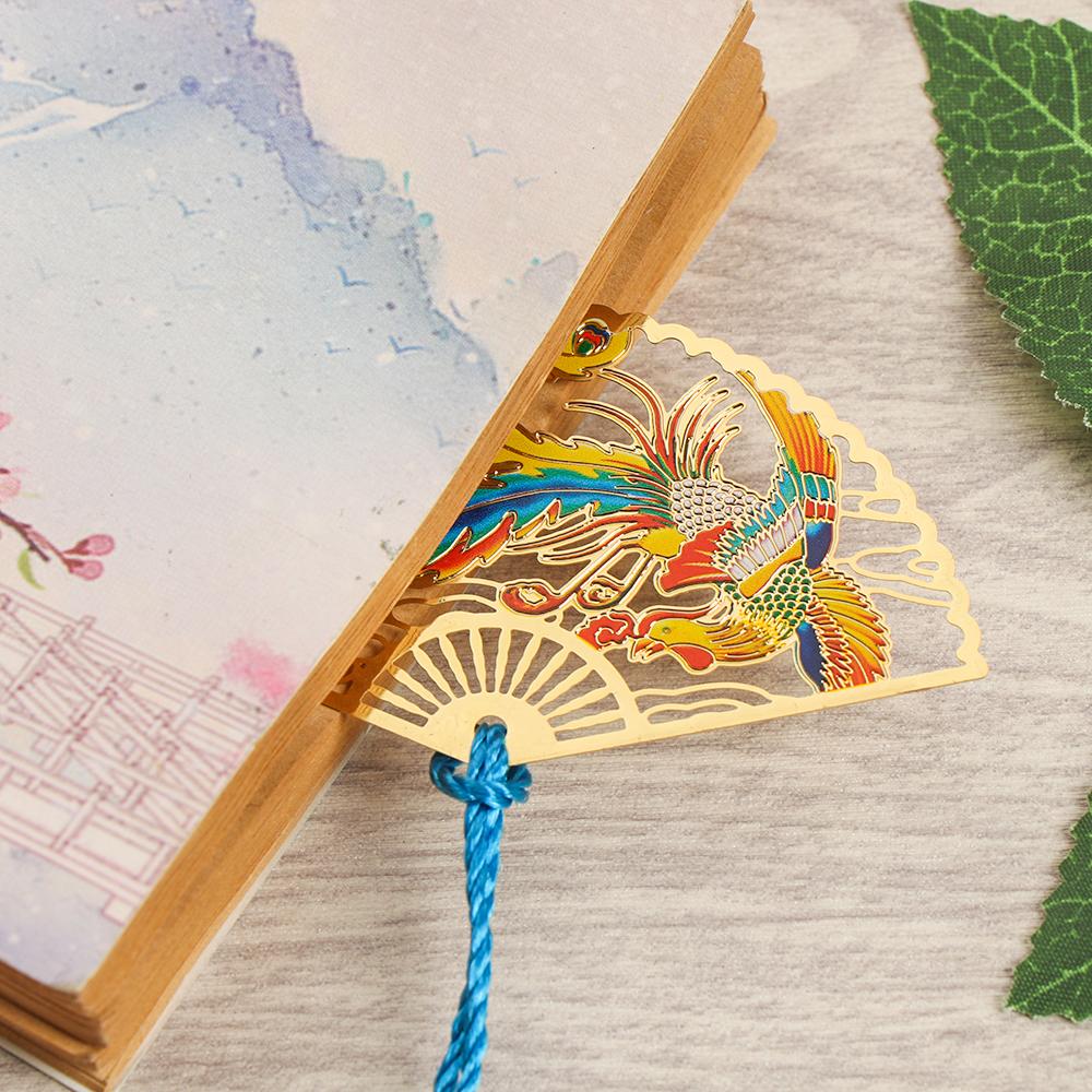 Style Stationery Crane Tassel Flower Pagination Mark Folding Fan Shape Brass Bookmark Book Clip