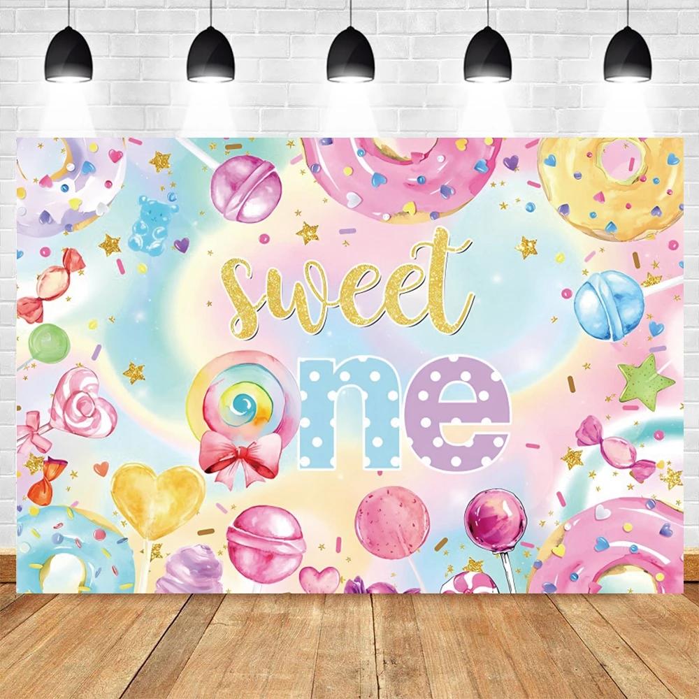 Newborn Baby First Birthday Backdrop Ice Cream Donuts Paper Cupcake Lollipop Sweet Cake Smash Baby Shower Party Photo Background
