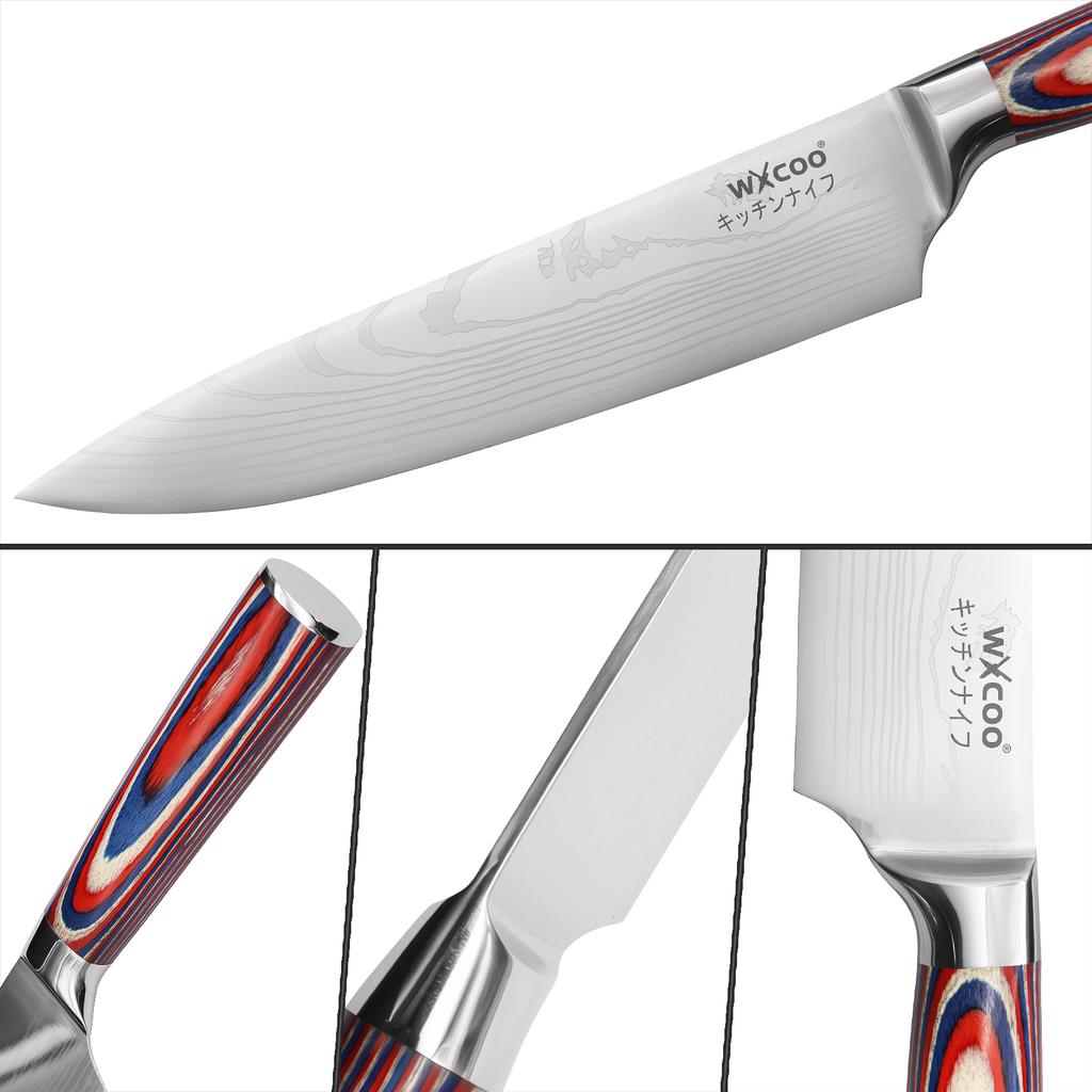 5PCS Damascus Pattern Chef Knife Kitchen Knife Meat Cleaver Wood Handle Paring Utility Santoku Slicing Knife