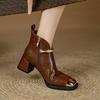 Block Heel Single Boots Autumn New Metal Pointed Toe Pearl Buckle Side Zip Non-Slip Naked Boots