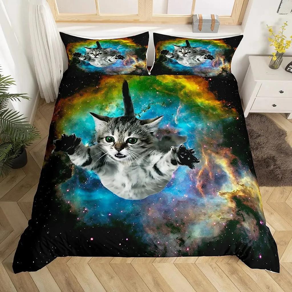 Rainbow Cat Butterfly Duvet Cover Set King,Watercolor Tie Dye Planet Galaxy Outer Space Bedding Set Shiny Golden Glitter Bed Set