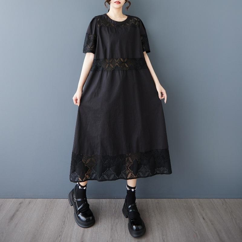 Черное винтажное новое платье больших размеров с коротким рукавом для женщин, повседневное свободное длинное летнее платье