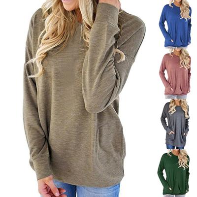 Женская осенняя однотонная футболка с длинным рукавом, свободная блузка, карманы, свободная туника