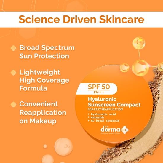 Солнцезащитная компактная пудра Derma Co Hyaluronic Sunscreen SPF 50 PA+++ с керамидами | Матовый финиш | Ровный тон кожи | Контроль жирности | Не липкая - 7 г