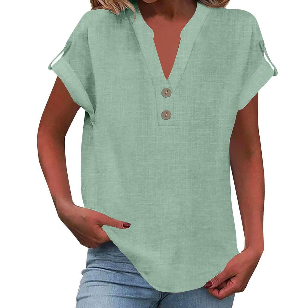 Women's Fashion Casual Solid Colour V-Neck Short Sleeve Button Down Shirt T-Shirt Top