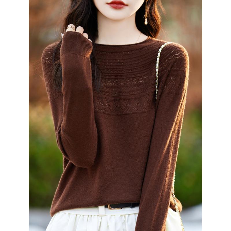 One-line Ready-to-wear Rolled Round Neck Hollow Wool Sweater for Women In Summer Loose Versatile Thin Wool Base Shirt for Women