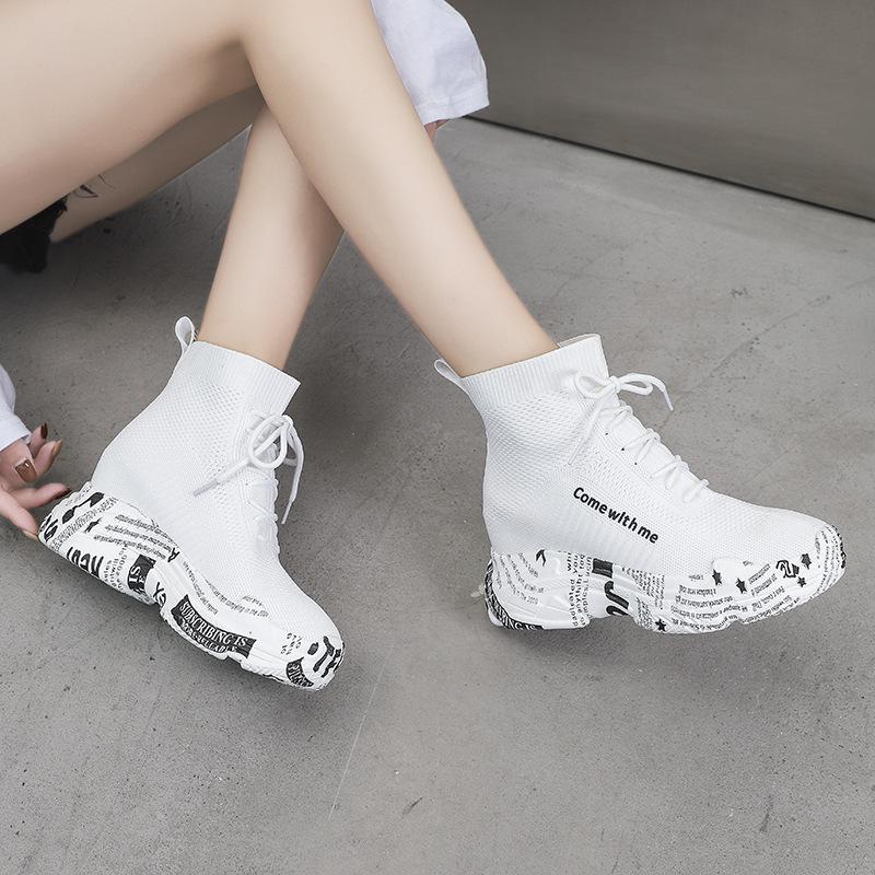 Flying Woven Elastic White Shoes Women 'S Spring And Autumn New Style With Newspaper Bottom High -Top Shoes High -Heeled Muffin Socks Shoes Trend