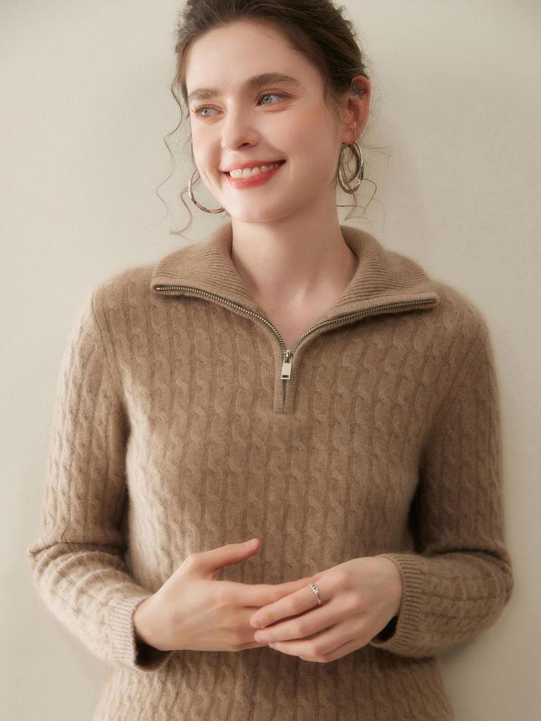 Women's Thickened Cashmere Half-Zip Knit Sweater - Loose Fit, Soft, Turn-Down Collar for Autumn and Winter