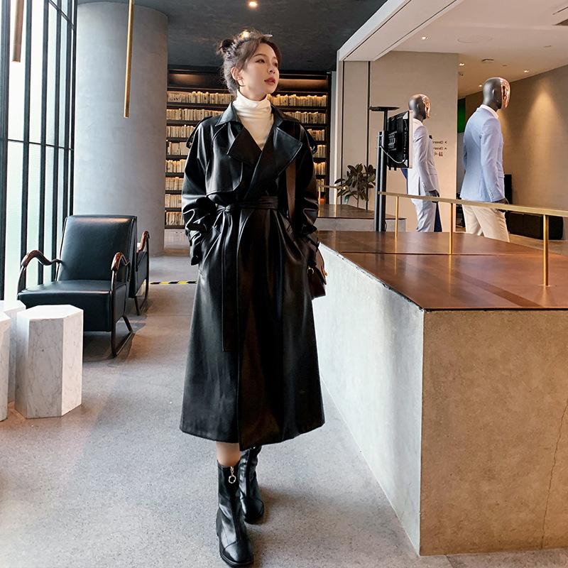 Весенний негабаритный длинный водонепроницаемый кожаный плащ для женщин с длинным рукавом, свободная корейская модная одежда