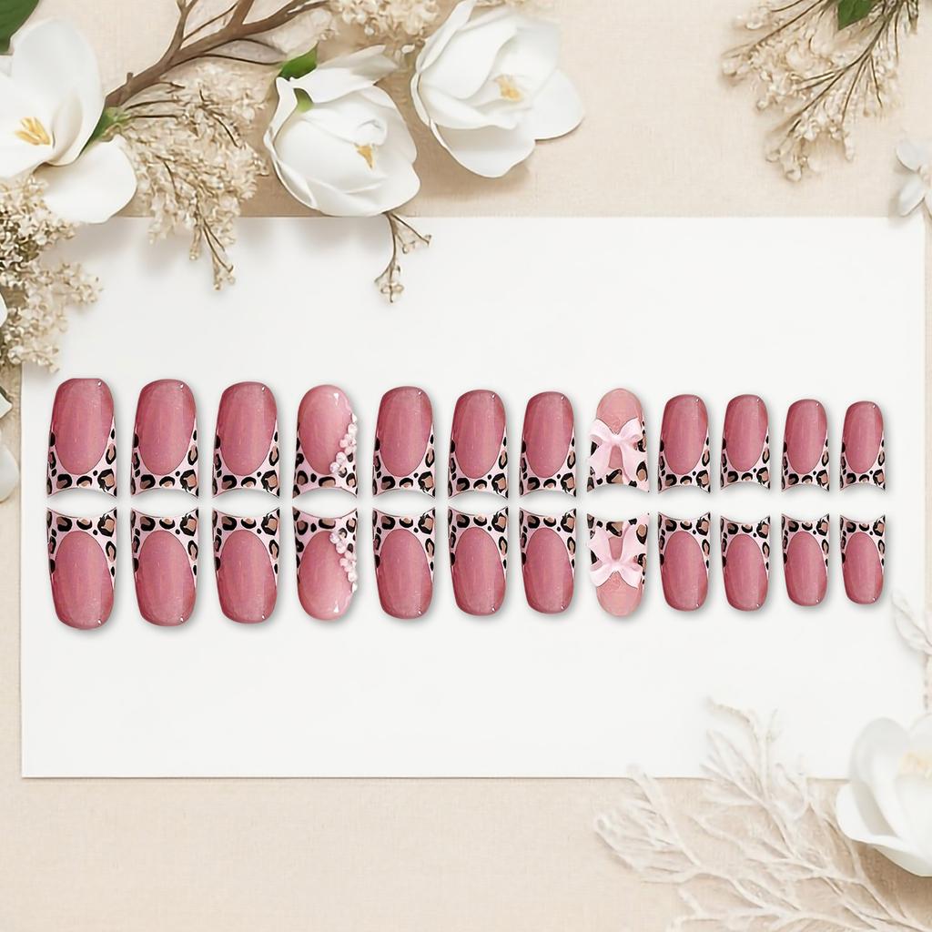24pcs False Nails with Leopard Parttern Pink Color with Leopard Design Fake Nails for Shopping Traveling Dating