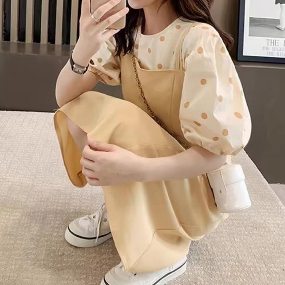 A-line Suspenders Dresses Women Dot T shirt Dress All-match Two Piece Set Dress Student