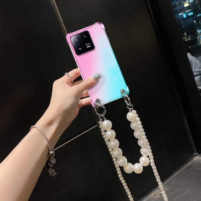 Чехол-ремешок для телефона с цепочкой из жемчуга через плечо для Xiaomi 14T Pro 14 CIVI 13T 14 13 Lite Ultra Redmi 14C Прозрачный градиентный противоударный силиконовый чехол