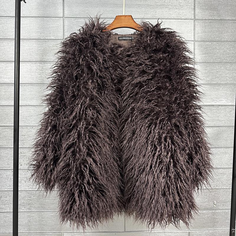 Женское пальто средней длины из искусственной овечьей шерсти в корейском стиле, бежевое