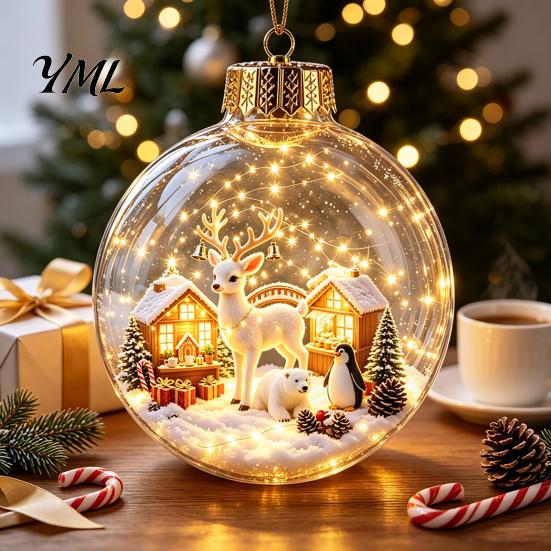 Winter Theme Party Favors Lighted Christmas Ornaments, 3D Miniature Scene Hanging Balls with Warm LED Light, Cute Festive Home Desktop Decorations