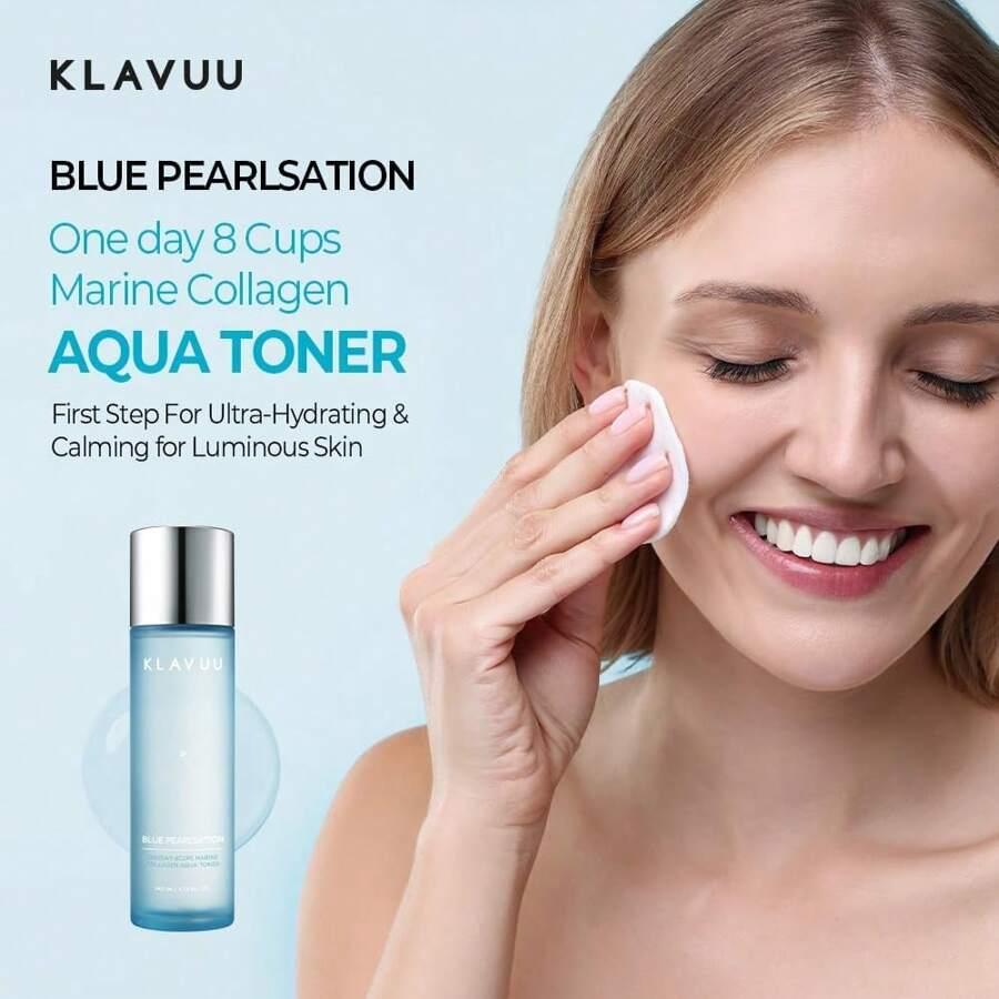 KLAVUU Blue PEARLSATION ONE Day 8 Cups Морской коллаген Аква-тонер 140 мл - Глубоко увлажняющий и успокаивающий для сияния кожи