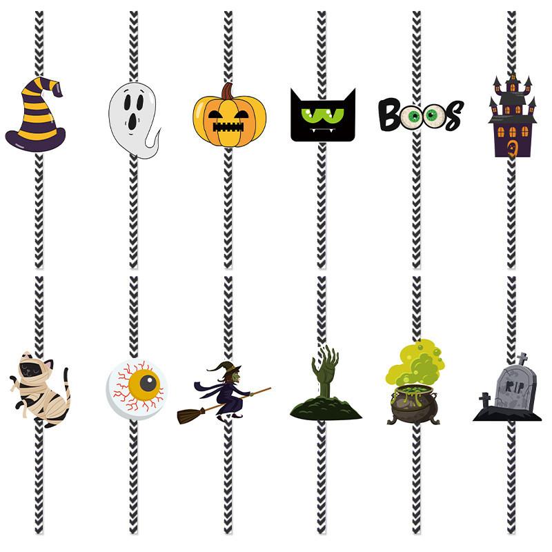Event Paper Halloween Straws With Witch And Pumpkin Illustrations Festive For