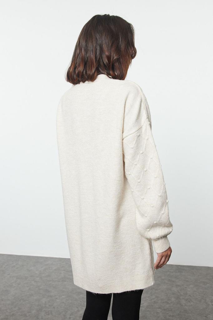 Women's Fashionable Stylish Hijab Cardigan Cream Knitted Patterned Knitwear Cardigan