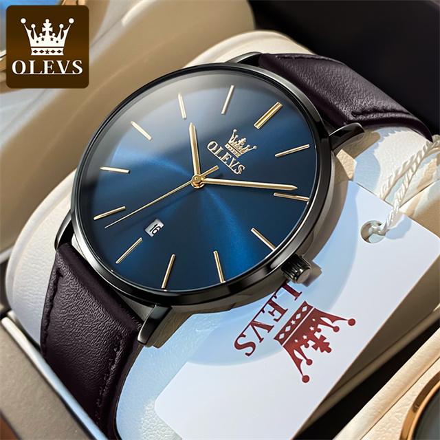 Top Brand OLEVS Ultra Thin 6.5mm Minimalist Fashion Quartz Watch for Men Leather Strap Auto Date Male Waterproof Mens Wristwatch