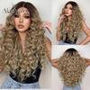 Long Curly Lace Frontal Wig for Black Women Synthetic Blonde Wigs with Dark Roots Honey Brown Hair Lace Part Wig