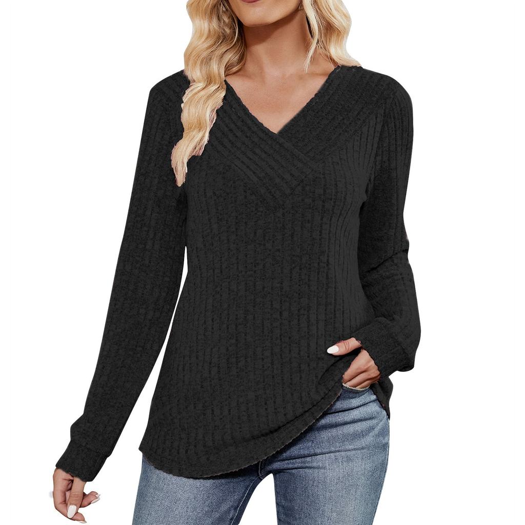 Женская мода однотонный длинный рукав V-образный вырез повседневный пуловер футболка топ