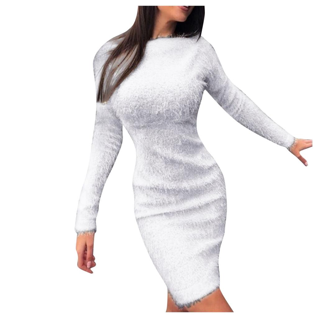 Winter Plush Warm Sweater Dress Women Long Sleeve Round Neck Dresses Party Bodycon Mini Dress
