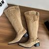 But Knee Boots Women's New Khaki Suede Pointed Boots Children Thick Heel Thin Pleated Piled Boots