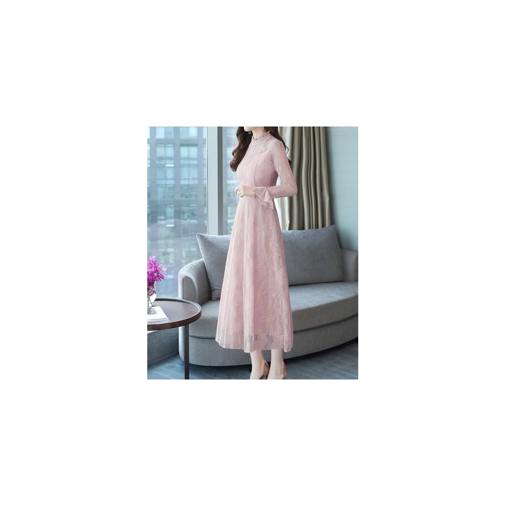 Sueiya Women's Lace Long Frill Dress, Long Sleeves, Flared, All-over Print, Cute, High Waist,