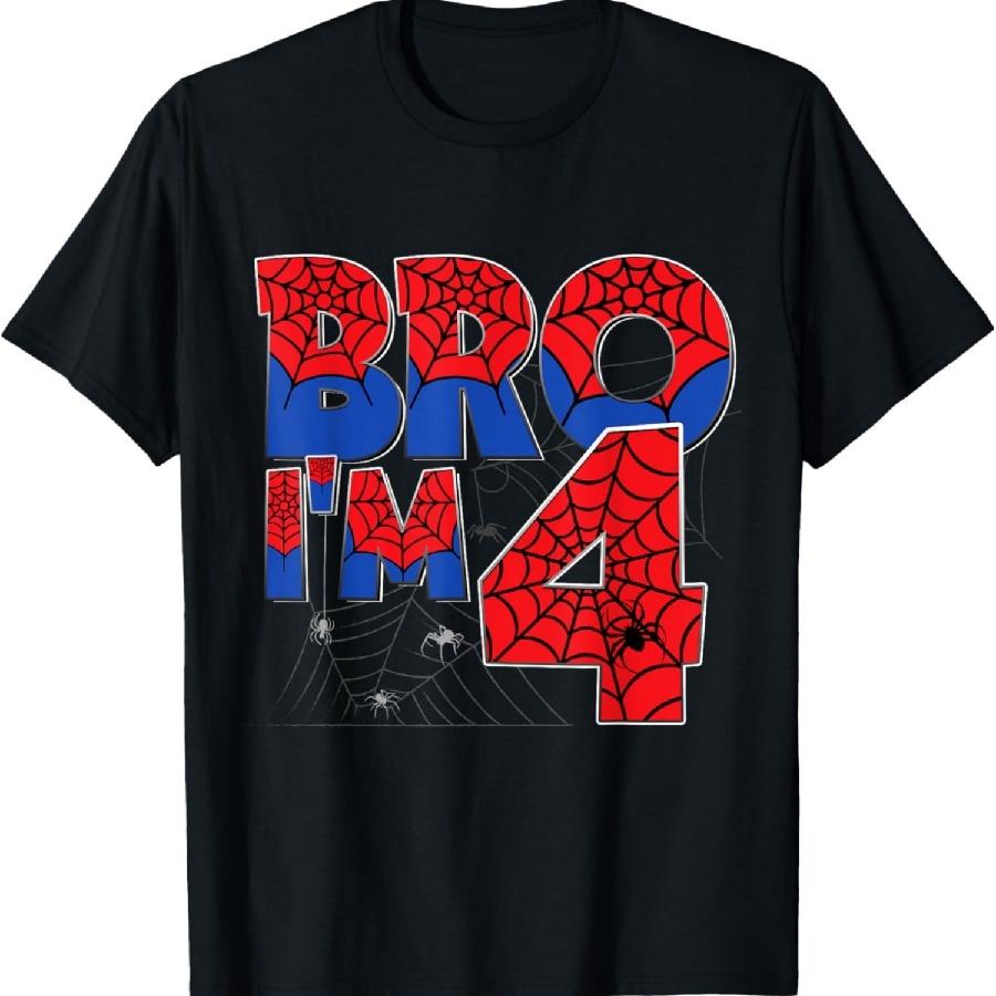 Unisex T-shirt Kids Bro I'm 4 Birthday Spider Theme Party 4 Year Old Boys T-Shirt